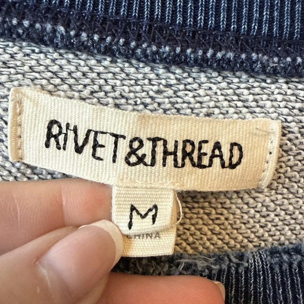 Rivet & Thread J Crew Distressed Thrashed Ripped Indigo Blue Sweatshirt M Grunge